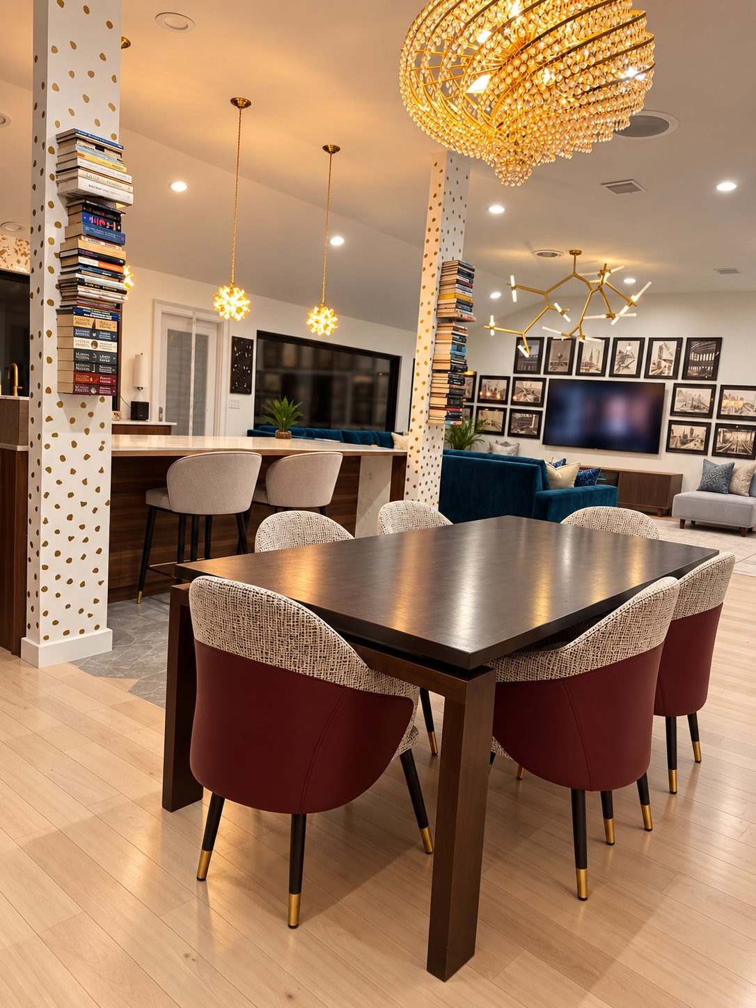 The finished dining area with a dark wood table, burgundy chairs and a crystal chandelier