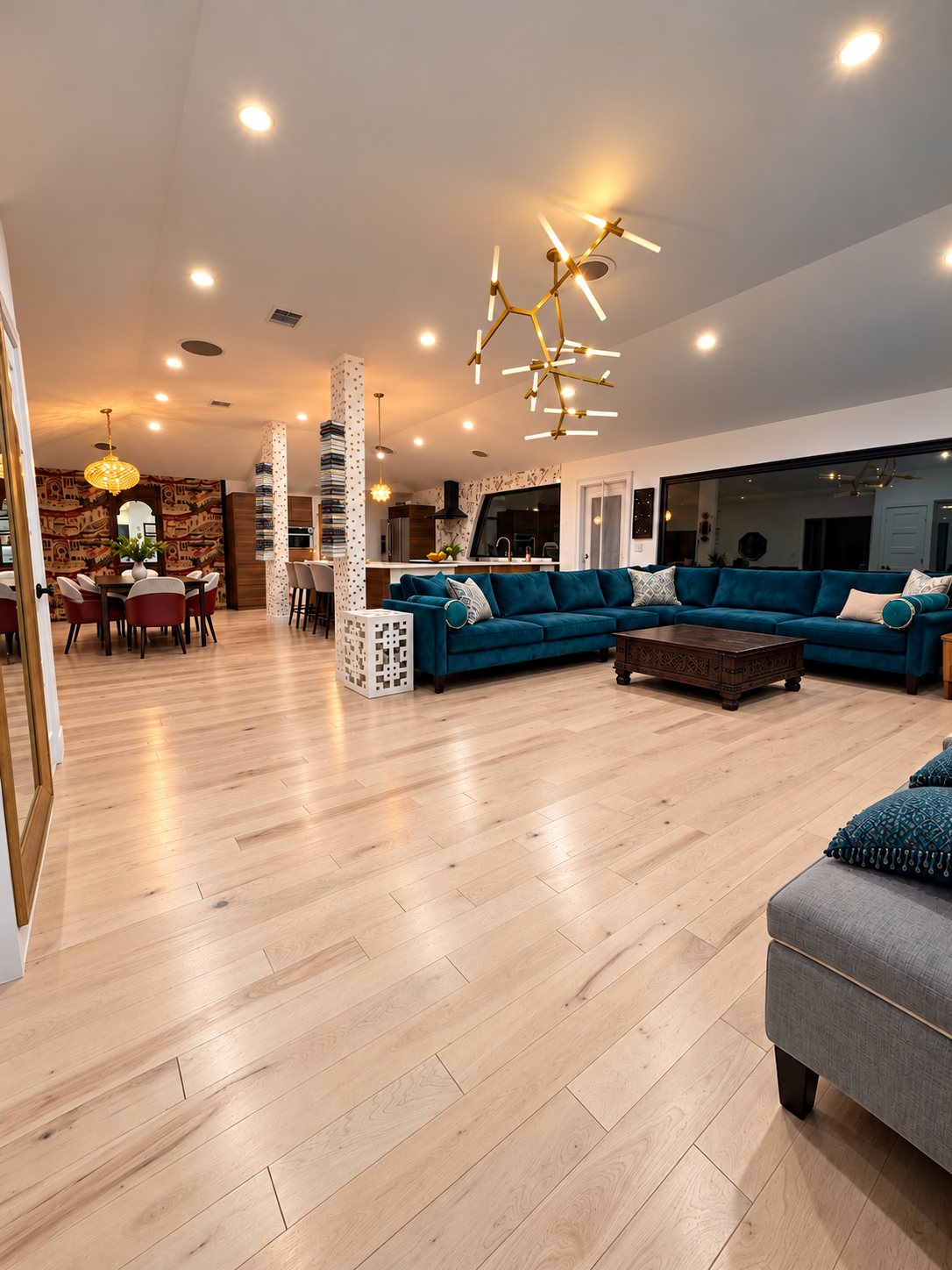 The finished living room with warm wood floors