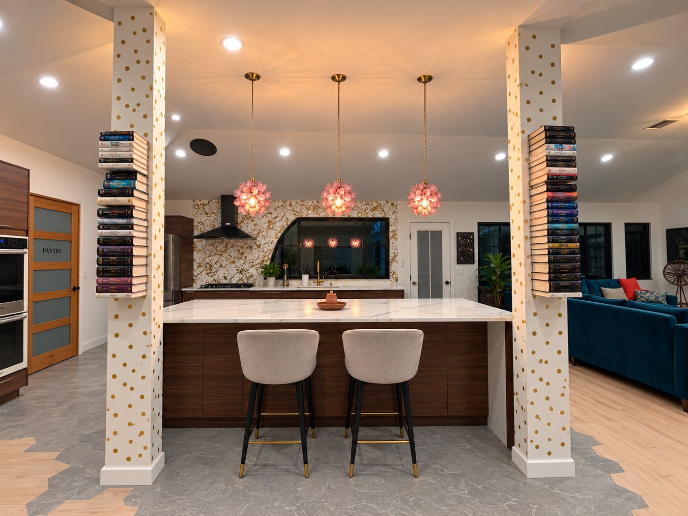 Pink pendant lights over the kitchen